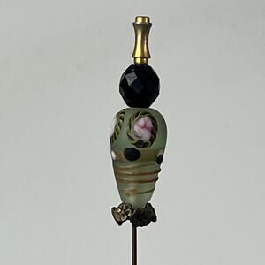 Antique 8.5in Hand Painted Glass Hat Pin Green Floral Art Nouveau Brass Base